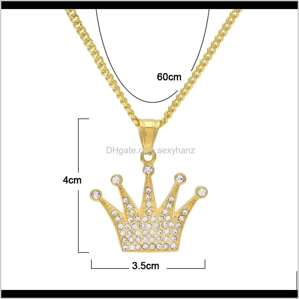 stainless steel crown pendant gold men women titanium iced out bling rhinestone crystal hip hop necklace chain punk jewelry