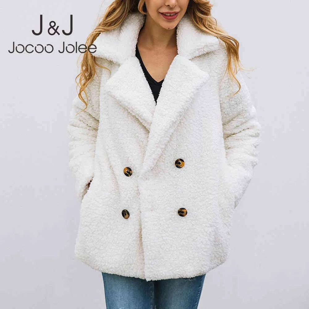 Kvinnor Mode Dubbelbröst Teddy Coats Eleganta Faux Fur Jackor Kvinna Casual Varm Soft Plush Overcoats med fickor 210518