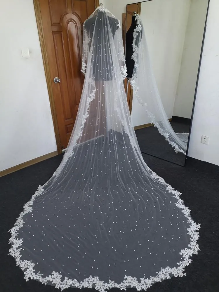 Bridal Veils Real Pos White Ivory Wedding Veil Long Lace One Layer Cathedral Royal Pearl Accessories