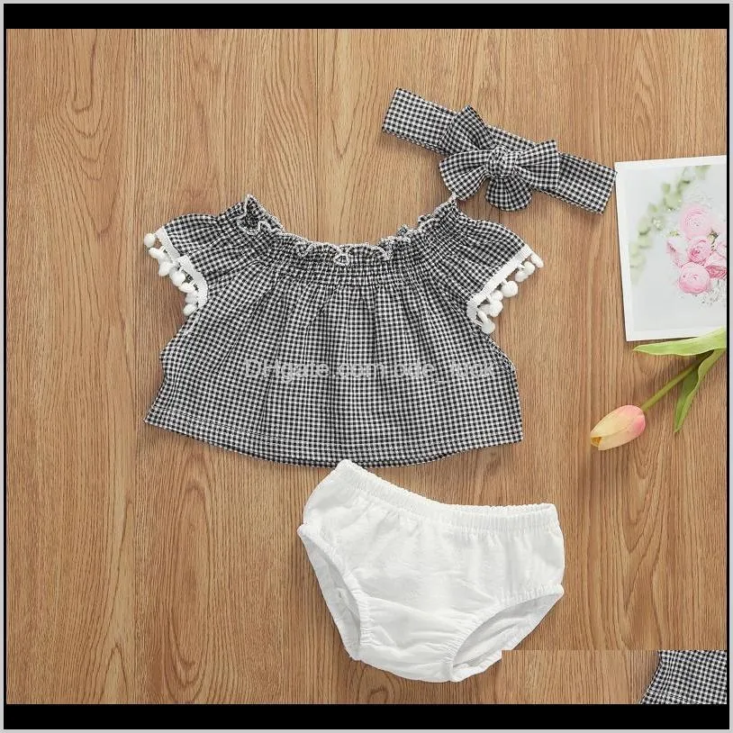 2020 Newborn Infant Baby Girls Boys Clothes Sets 3pcs Plaid Print Ruffles Sleeve T Shirts Tops+Shorts+Headband