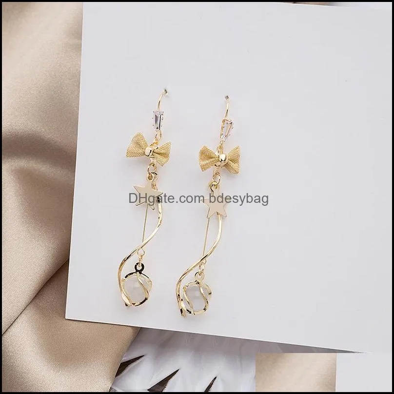 Stud Korean Version Of The Small  And Long Temperament Cat Eyes Sweet Bow-shaped Tassel Earrings