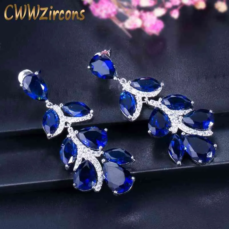 Pendientes colgantes de hoja larga de cristal azul oscuro grande de calidad superior para mujer Joyería de fiesta CZ259 210714