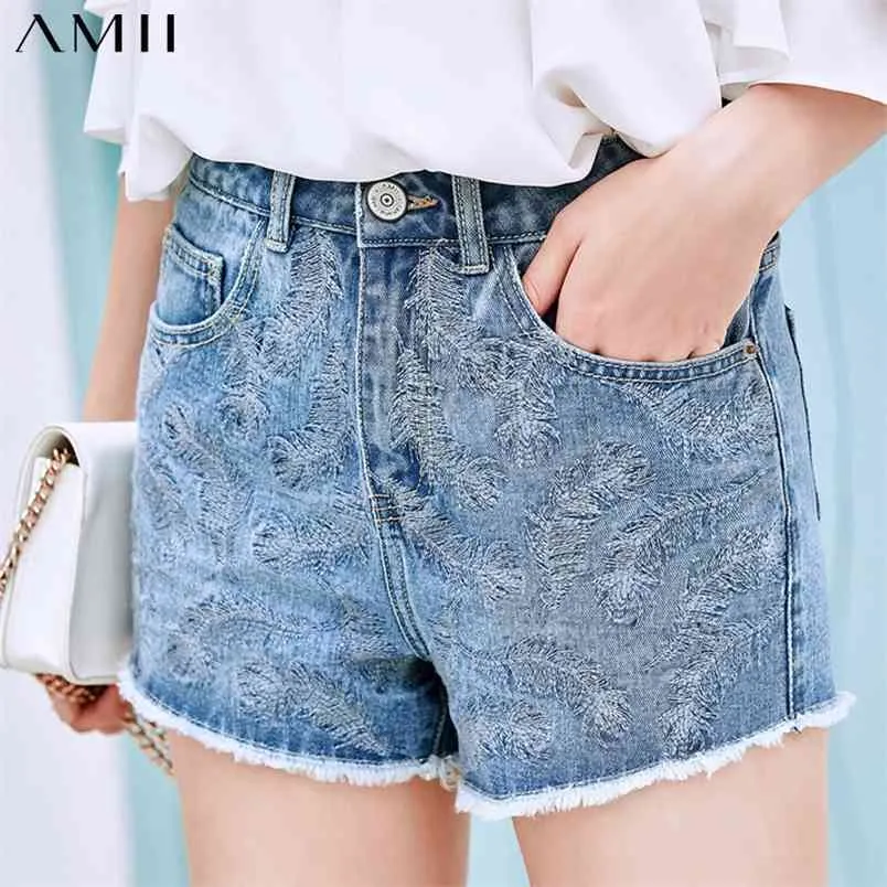 Minimalism Summer Women's Shorts Streetwear Embroidery Straight Pants Causal 100%cotton Jeans 11970268 210527