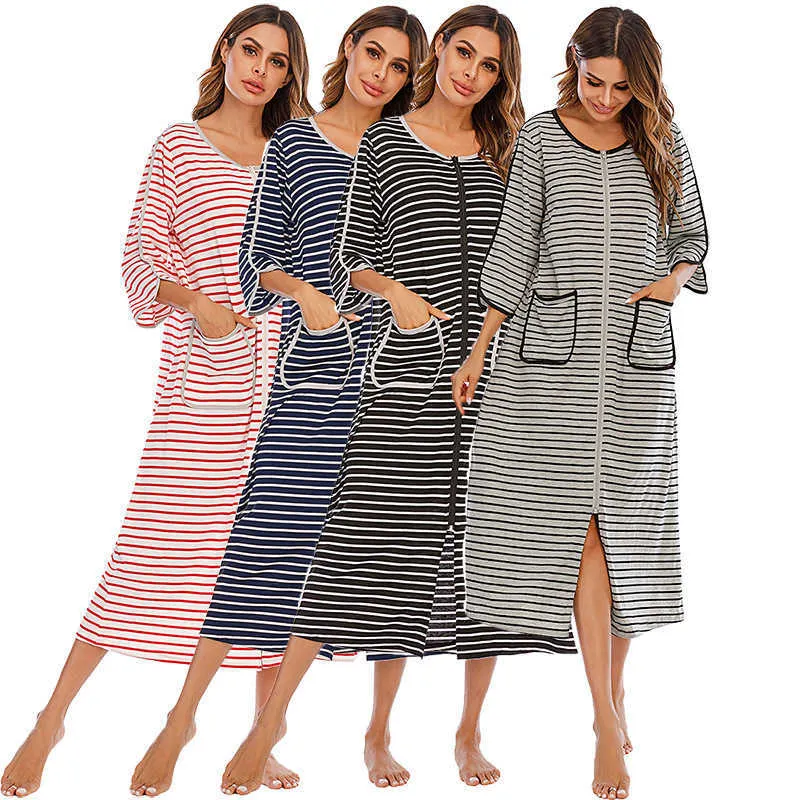 Witbuy vrouwen lange nachtkleding zachte rits voorkant gewaden herfst nachthemd warme gestreepte kimono loungewear moederschap badjas pyjama 210924