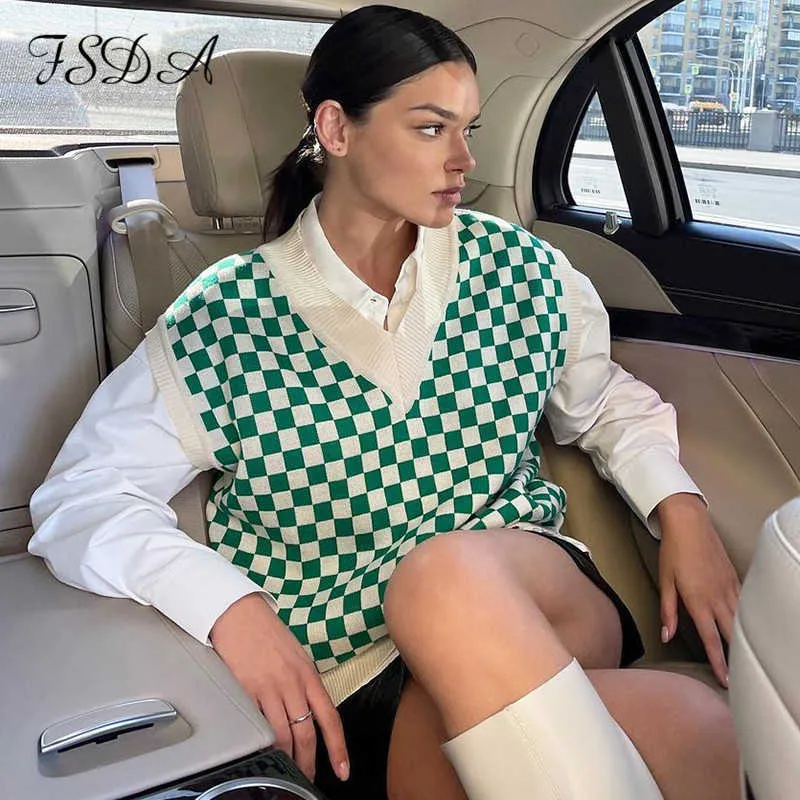 FSDA 2021 V Neck Plaid Print Kamizelka Kobiety Zielony Oversized Bez Rękawów Dorywczo Jesień Zima Patchwork Moda Y2K Trykotowy sweter Y0825