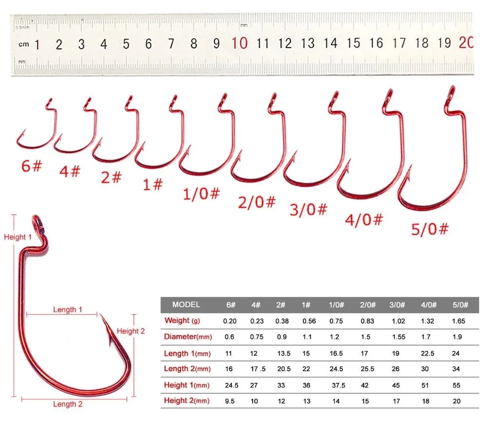 Zachte 50 stks/lot vissen worm rode kleur haken hoog koolstofstaal brede super slot lokt softjerk vishooks 6#-5/0 tackle