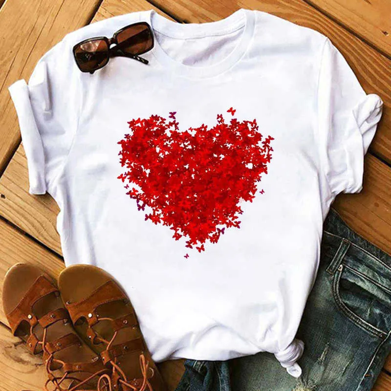 Maycaur Red Heart Butterfly Print Vrouwen Tshirt Fashion Casual O Hals Vrouwelijke T-shirt 90s Dame Yong Girl New Valentine's Day Gifts X0527