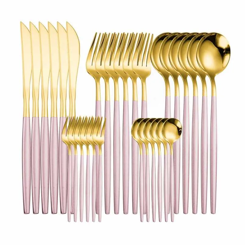 Western Cutlery Set 30Piece Stainless Steel Tableware Pink Fork Kitchen Set Dinnerware Spoon Fork Knife Home Dinner Set Complete 211112