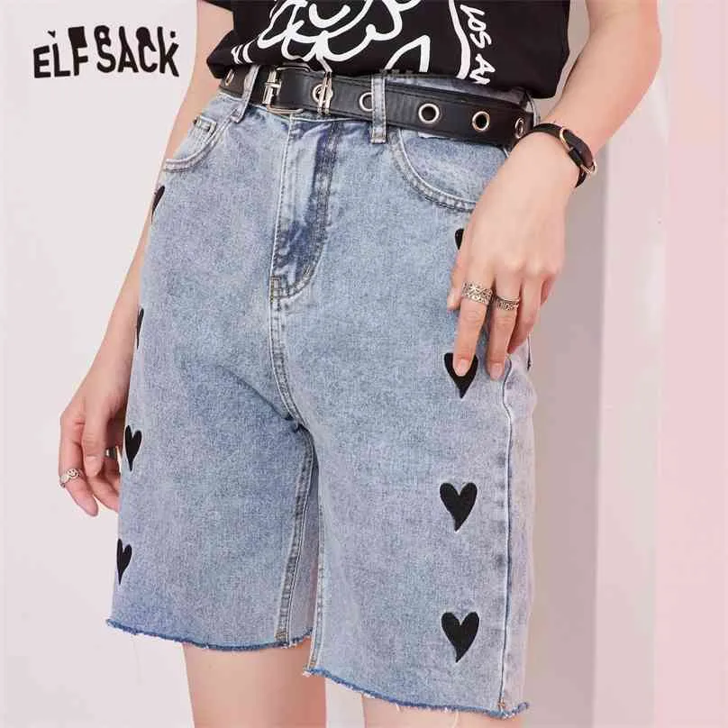 Elfsack Solid Love Print Hoge Taille Smart Casual Vrouwen Wide Been Shorts Zomer Koreaanse Dames Basic Daily Denim Bottoms 210719