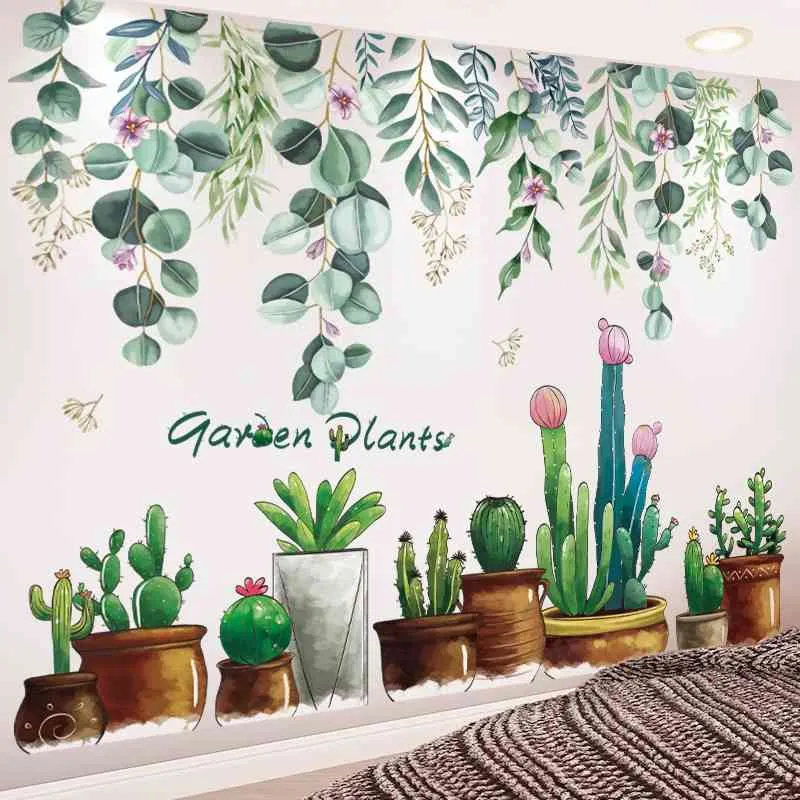 Тропическое дерево листья стены наклейки DIY зеленые растения наклейки на стену для гостиной спальня кухня украшения дома 210615
