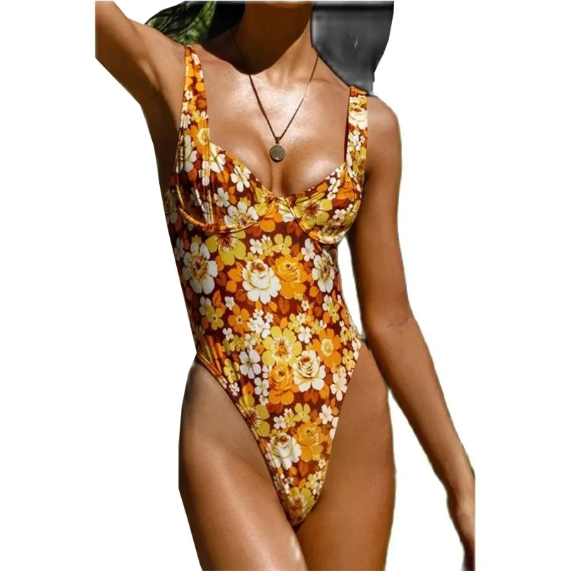 Podstępny kwiatowy strój kąpielowy Kąpiec May Plaża Monokini Sunflower Słonecznik Kostium do pływania dla kobiet Body 210625