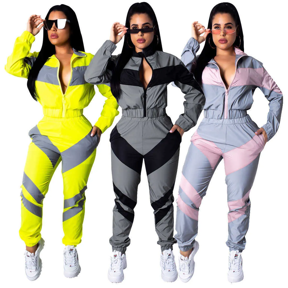 Two Piece Sets Women KALENMOS Spring Autumn Windbreaker Suits Outfits Motorcycle Set Tops Pants Waterproof Tracksuit Sweatsuit Y0625