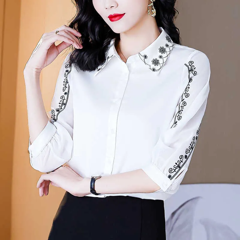 Fashion Women's Shirt Embroidery Blouses for Women White Satin s Polo Neck Office Lady Blouse Tops Female Woman Basic 210604