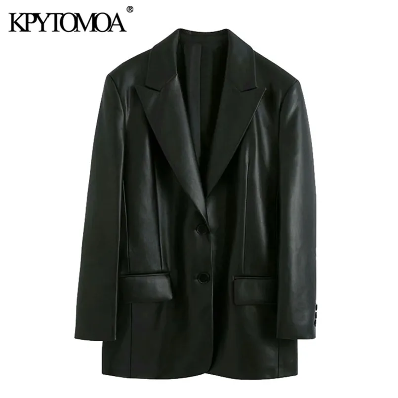 KPYTOMOA Kvinnor Mode Faux Läder Lossa Blazers Coat Vintage Långärmade Fickor Tillbaka Vents Kvinnor OuterWear Chic Toppar 210930