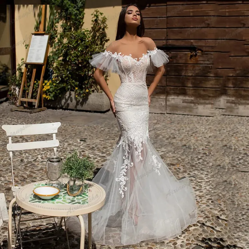 Ivory Simple Beach Wedding Dress Fake Off Shoulder Short Sleeves Jewel Neck Lace Tulle Mermaid Bridal Gowns vestidos de novia 2021 Bride Dresses Open Back