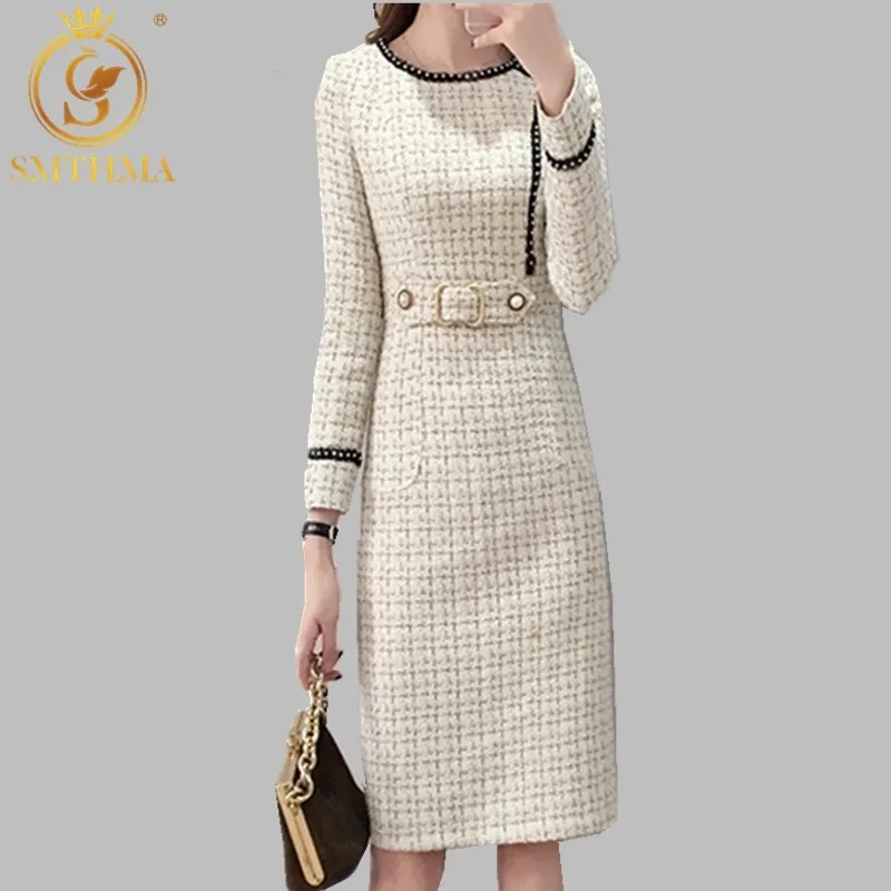 Women s Tweed Dress Long Sleeve Vintage Plaid Elegant Casual Office A Line Knee Length Dress with Appliques 2024