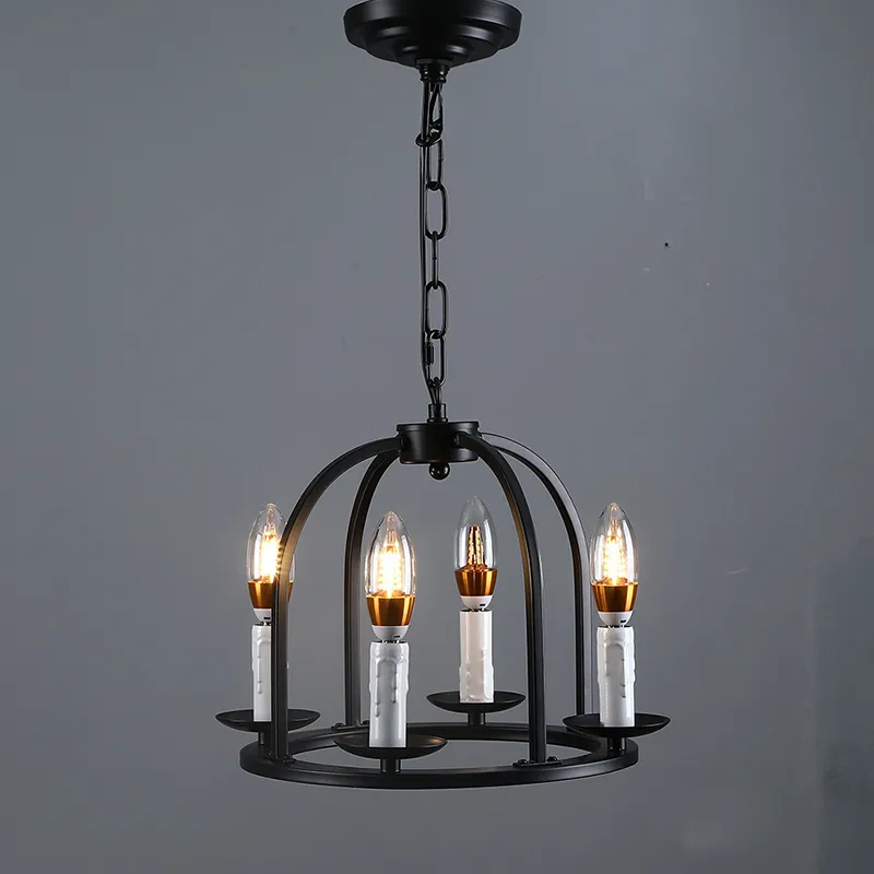 Retro Pendant Lamps Black Iron Round Cage 4 Candle Lights Kitchen Ceiling