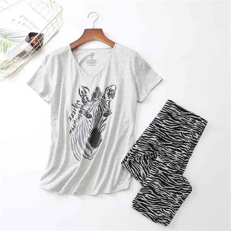 Cotton Pajamas Set Women Print Cartoon Plus Big Pyjama Short Sleeve T-shirt Femme Mom Pyjamas Fashion Summer Sleepwear 210809