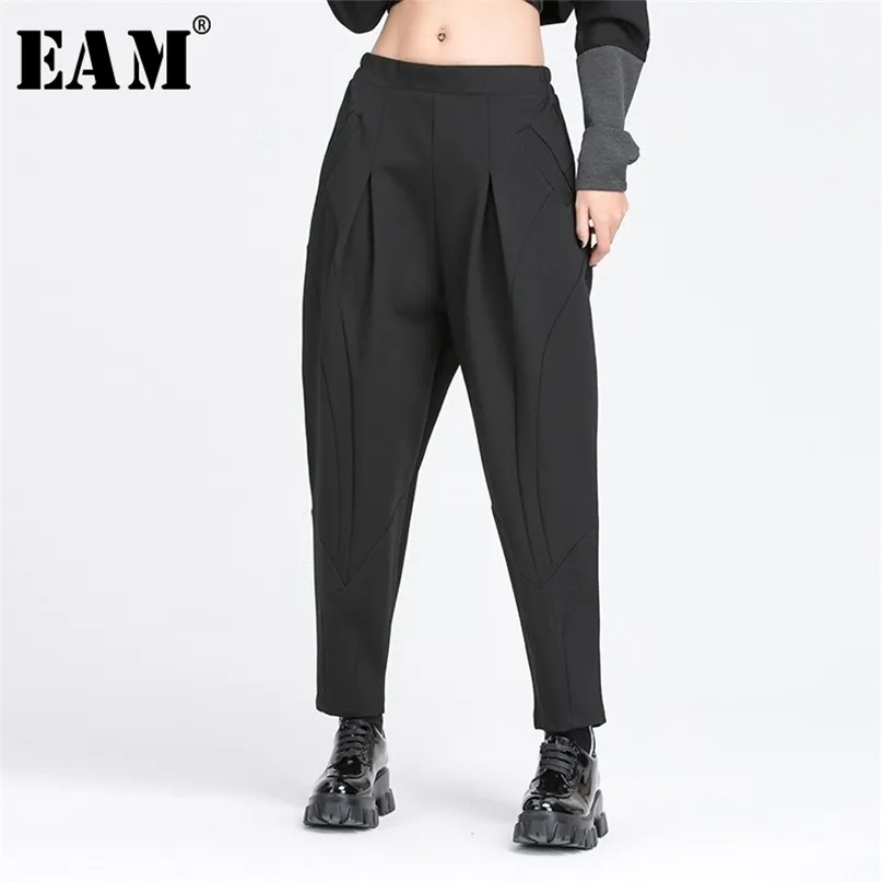 [EAM] High Elastic Waist Black Long Split Joint Harem Trousers Loose Fit Pants Women Fashion Spring Autumn 1Y766 211115