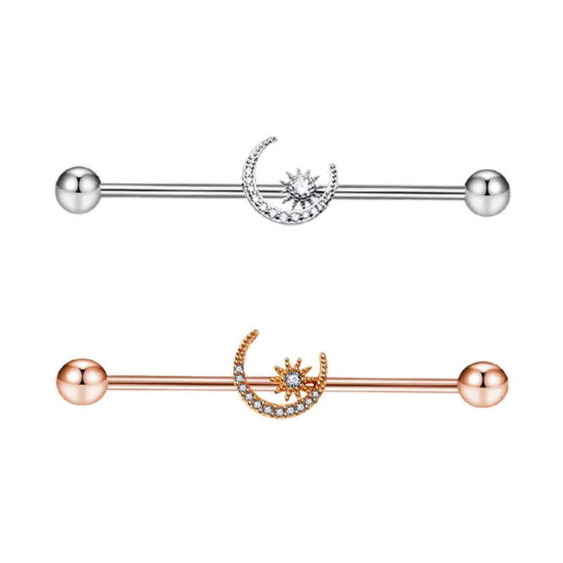 14G Chirurgische stalen industriële oorbellen Moon Star Cartilage Barbell Body Piercing Sieraden voor mannen en vrouwen