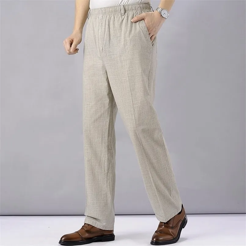 Homens de cintura alta trausadores calças de verão roupas novidade linho solto algodão elástico banda fina trabalho vintage pernas largas pants 220311