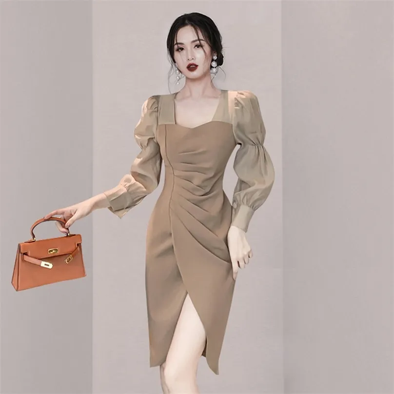 女性のための韓国の春のスタイルのパフスリーブスカートスリムハイウエストソリッドカラー長い気質のドレスパーティー210602