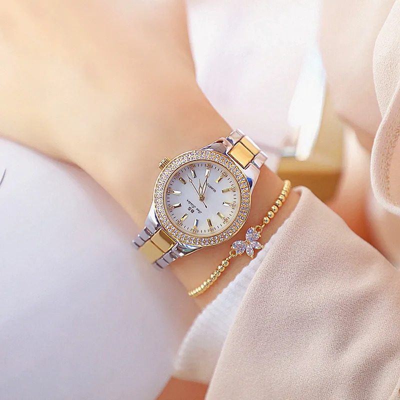 Frauen Quarz Bewegung Watch Lady Armbanduhr Gold und Kristallgeschäft Edelstahl Armbanduhr