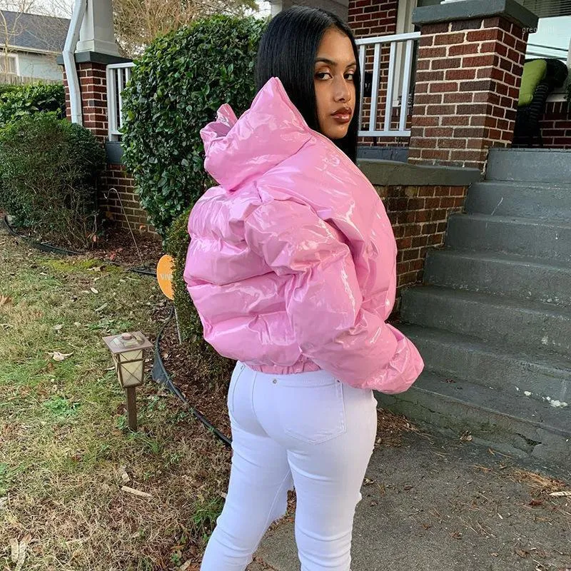 Women s PU Leather Short Zipper Puffer Jacket 90s Style Warm Bubble Coat for Winter Pink Streetwear