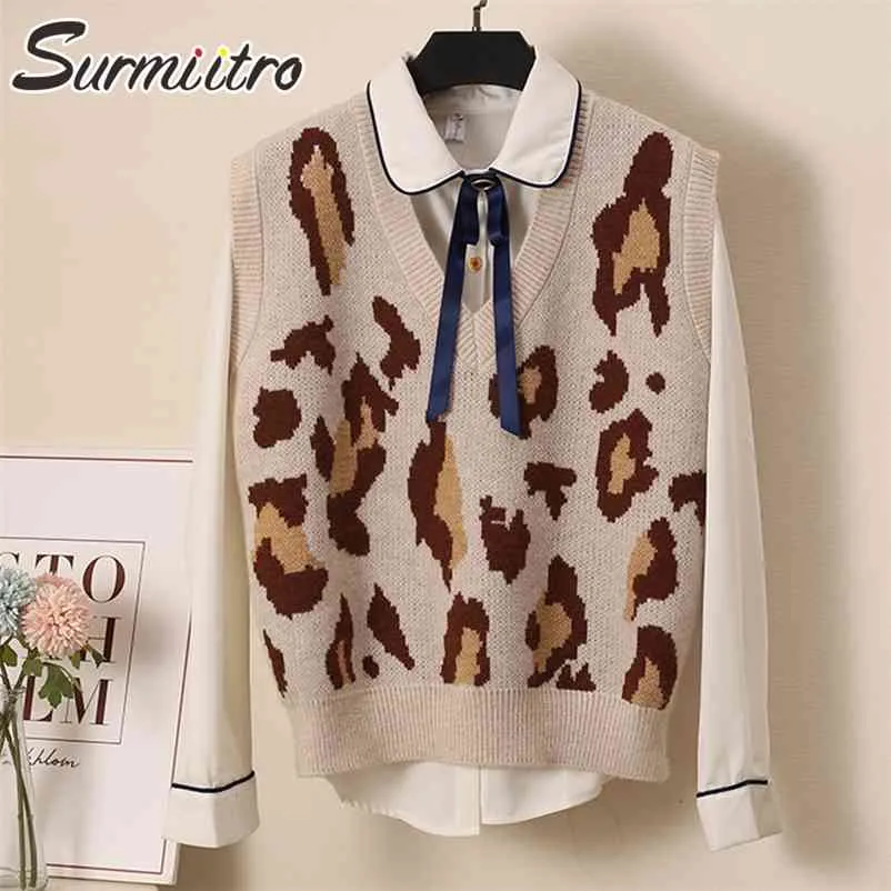 Primavera otoño moda leopardo tejido suéter suelto chaleco mujeres sin mangas chaleco femenino prendas de punto jersey 210421