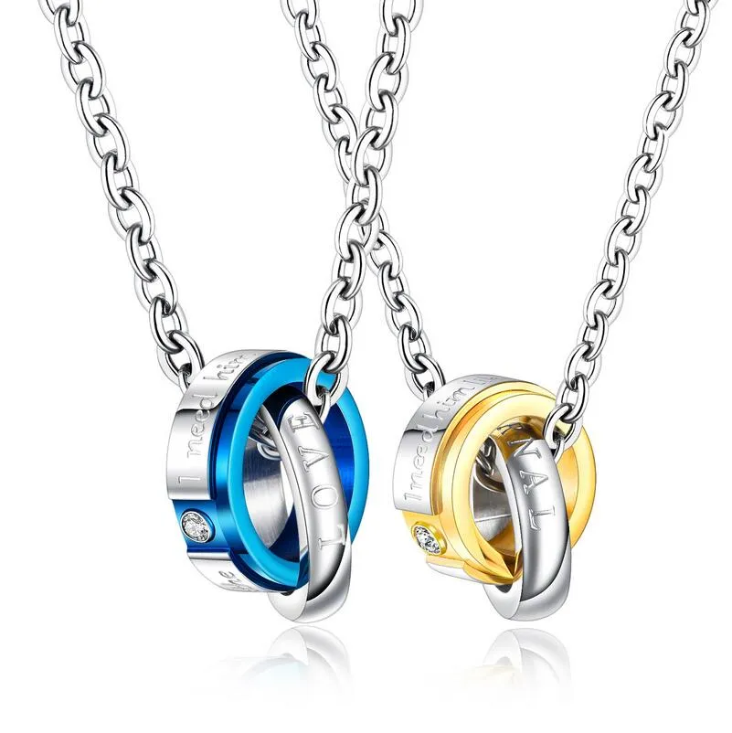 Mode geometri cirkel hängande halsband rostfritt stål blå svart ros guld par halsband mens fest smycken gåva