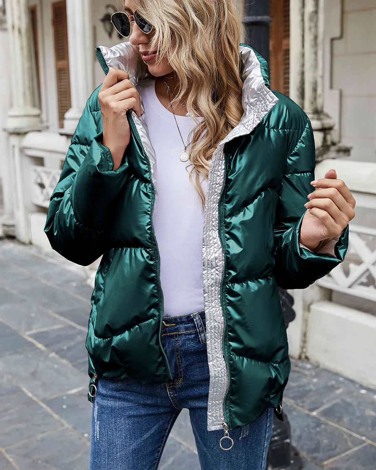 Womens Thickened Stand Collar Padded Winter Blue Puffer Coat