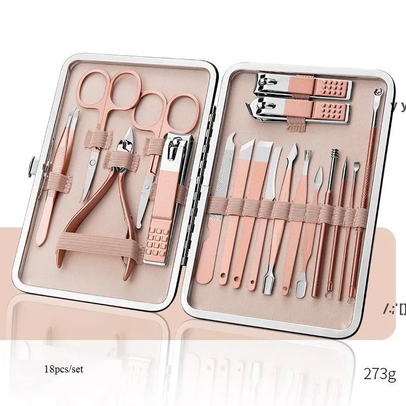 18pcs ensemble de manucure en acier inoxydable ensembles de pédicure multifonctions ciseaux coupe-ongles ménage oreille cuillère pinces tondeuse boîte-cadeau RRD12319