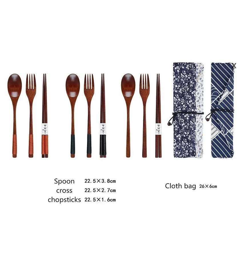 3 pçs / conjunto Natural Dinnerware de madeira conjunto bambu garfo pauzinhos colheres de chá de sopa cutelaria cutlery conjunto com pano saco portátil mesa de mesa rrd12549