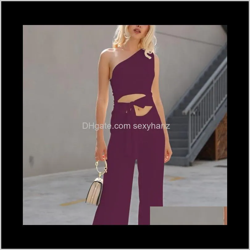 women white lace-up office jumpsuits for one shoulder jumpsuit sexy backless slash neck wide leg pants women`s & rompers