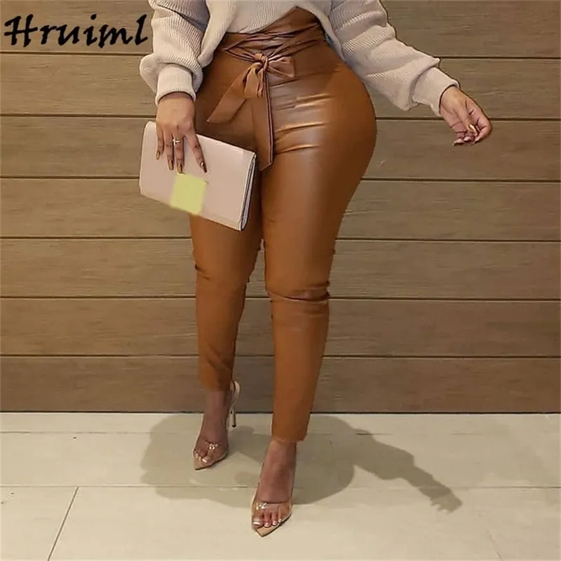 Spodnie skórzane Kobiety Moda Plus Rozmiar Wysoka Talia Pas Długi Spodnie Jesień Zima Sexy Skinny Woman Femme Pantalon 210513