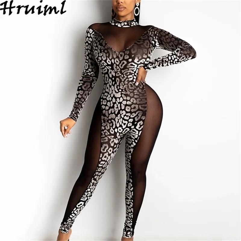 Long Sleeve Bodysuit Skinny Mesh Patchwork See Through Jumpsuit Women Fashion Arrival Sexy & Club Printing Body Suits 210513