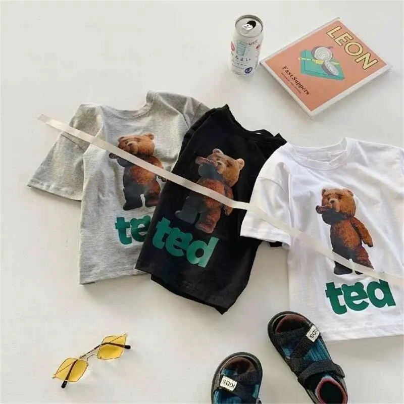 Лето Прибытие Девушки Мода Мультфильм футболка Дети Хлопок Топы Корейский Дизайн 210528