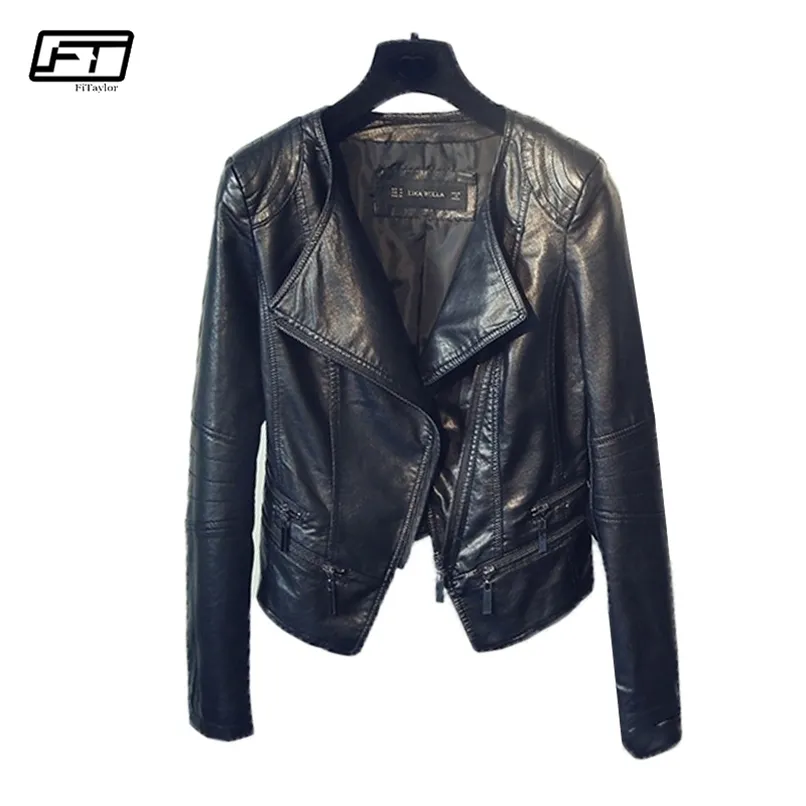 Fi printemps automne dames Moto veste en cuir col rabattu fermeture éclair mince noir Moto Biker veste femme 211204