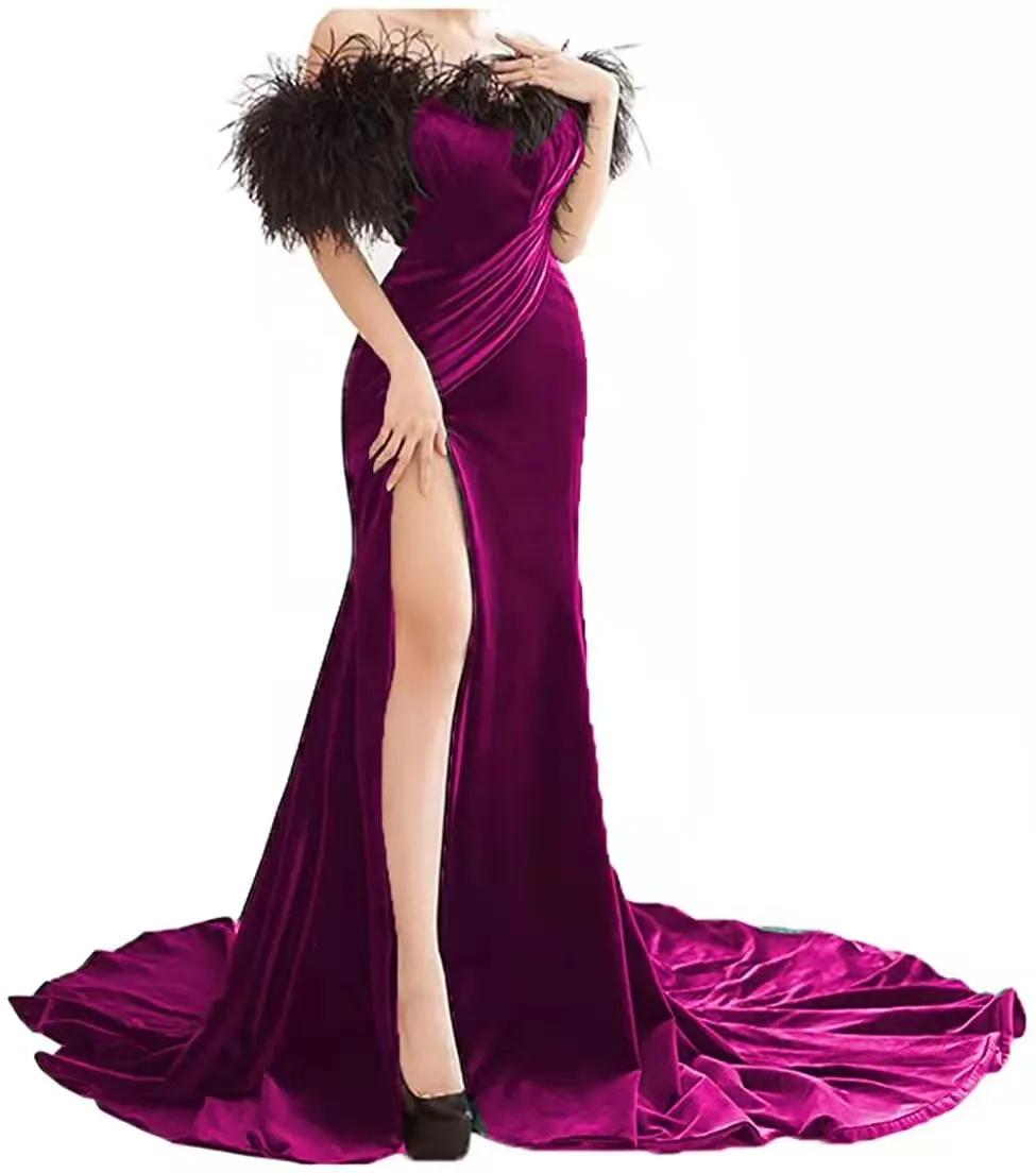 Elegancka Mermaid Grape Velvet Suknie Wieczorowe z czarnymi piórami Sexy Side Wysokie Split Długie sukienki dla kobiet 2022 szaty De Soriee Specjalne okazje Suknie