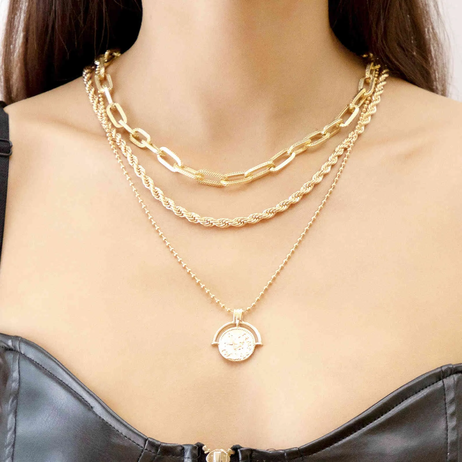 Jachon Liga Pingente Multicamada Collarbone Colar De Metal Twist Corrente Imagem Padrão Item Accsori Para Mulheres