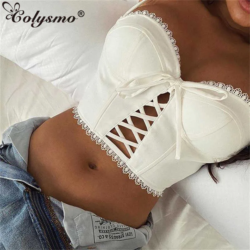 Colysmo White Corset Crop Top Dames Spaghetti Backless Hollow Out Cross Bind Sexy S Summer Tank 210527