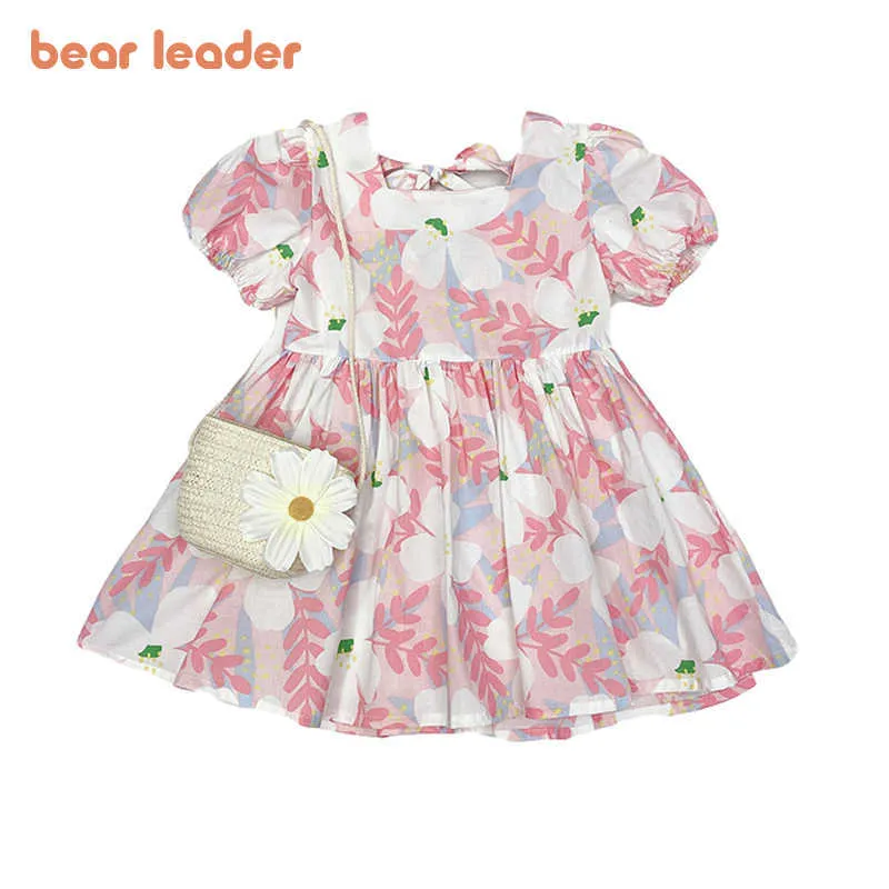 Bear líder crianças meninas coreano floral vestidos verão moda bebê casual linda vestidos crianças trajes com sacos 210708