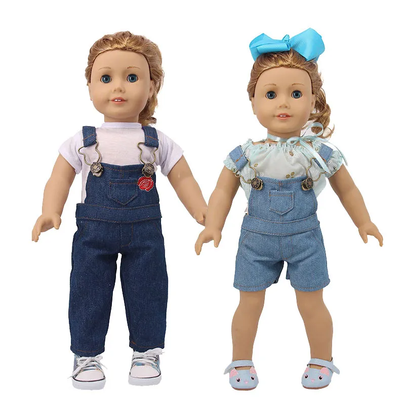 Denim Overalls Outfit Shirt Jeans Pants for 18 inch Doll Cotton Apparel Playset