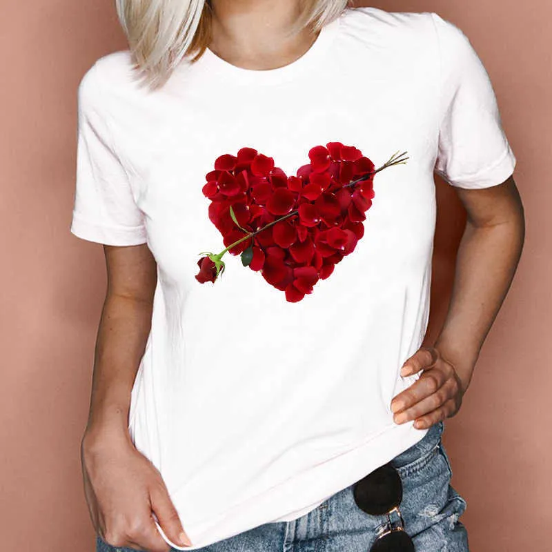 Donne Graphic 2021 Fiore Moda Elegante Dolce Amore di San Valentino Vestiti Della Signora Magliette E Camicette Magliette Stampa Maglietta Femminile T-Shirt X0527