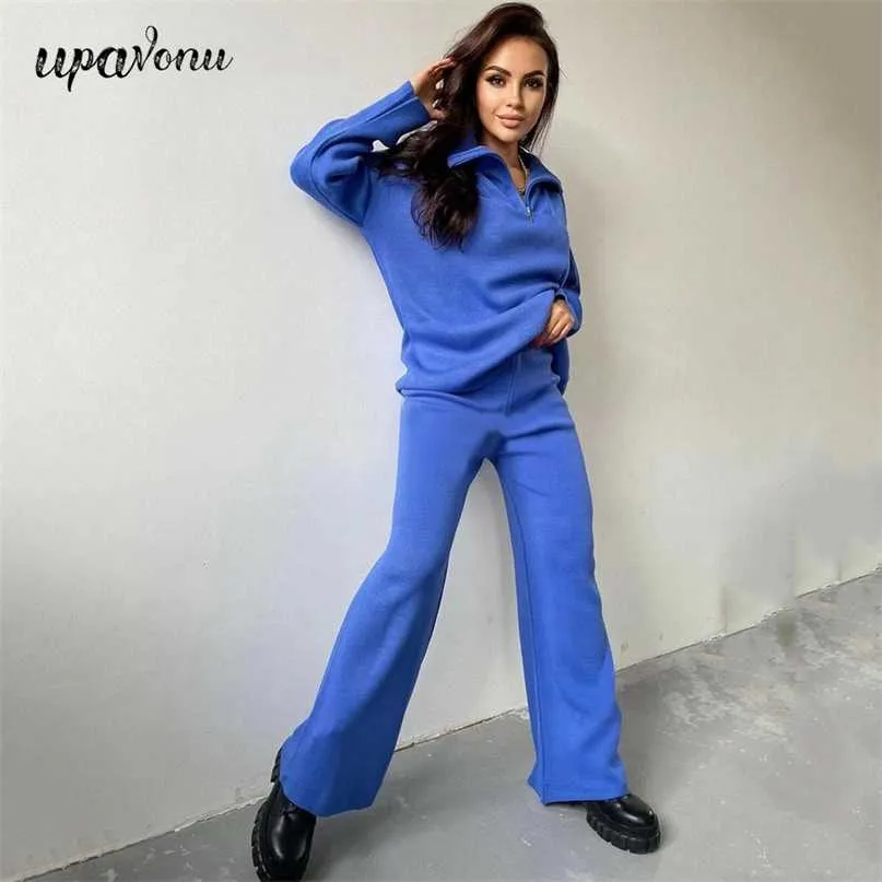 Rahat Sonbahar Gevşek Örgü Kazak Seti Moda Zip Yaka Uzun Kollu Kazak Kazak Düz Pantolon İki Parçalı Set 211126