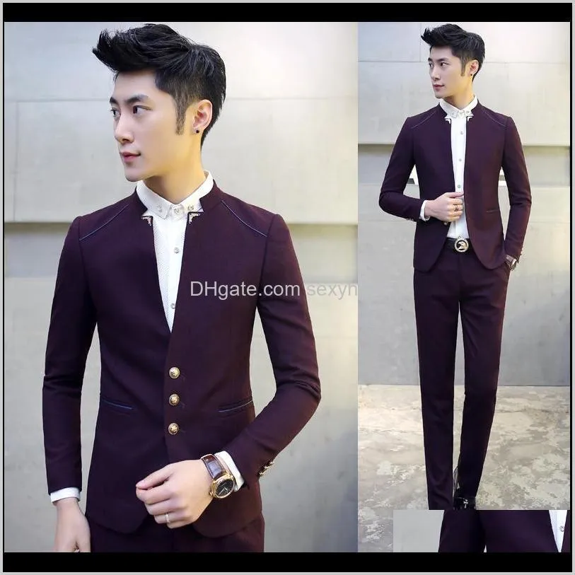 wholesale- men suits blazer with pants mandarin collar tuxedo slim fit 3xl men suits bridegroom costume homme mariage navy black wine
