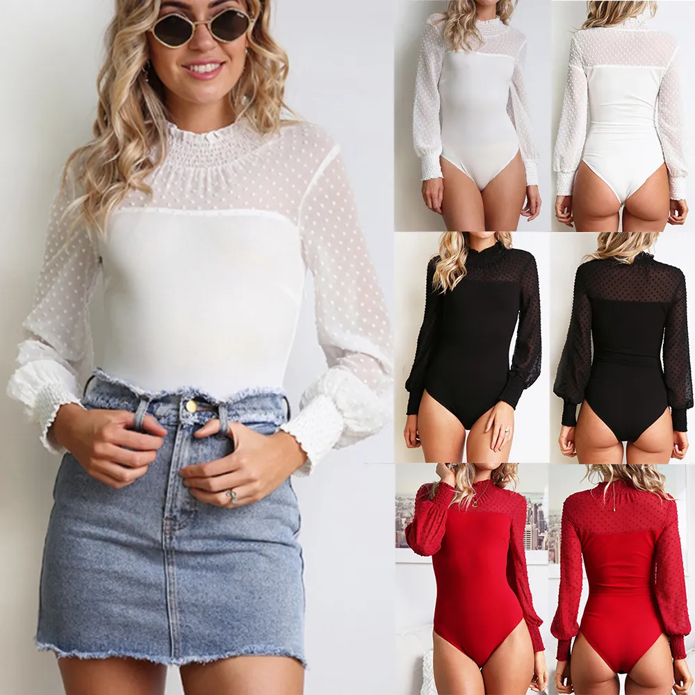 White Long Sleeve Lace Mesh Bodysuit, Tops