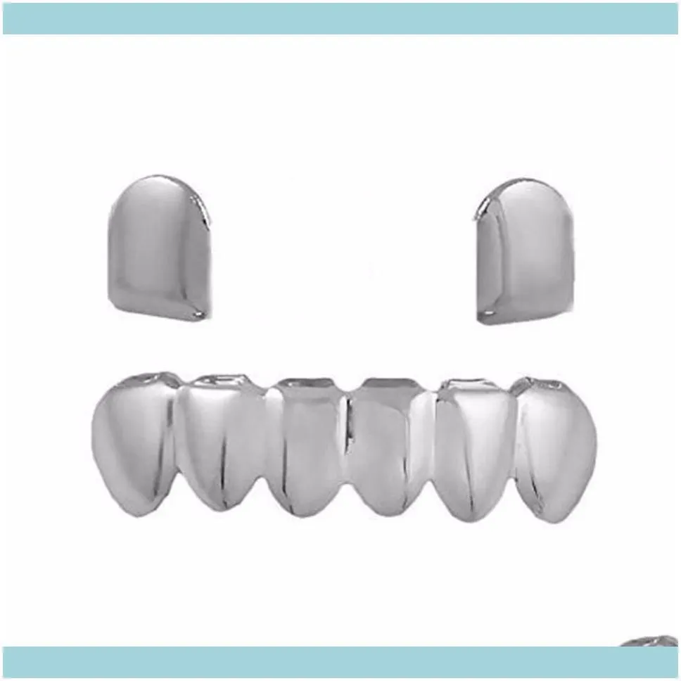 18k Gold Plated Copper Teeth Braces Plain Hip Hop Up 2 Bottom 6 Teeth Grillz Dental Mouth Fang Grills Tooth Cap jllXpP 