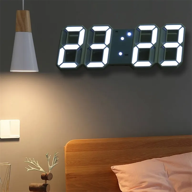 Horloge murale 3D design moderne support suspendu LED horloge numérique alarme électronique gradation rétro-éclairage horloge de table pour chambre décor à la maison 211023