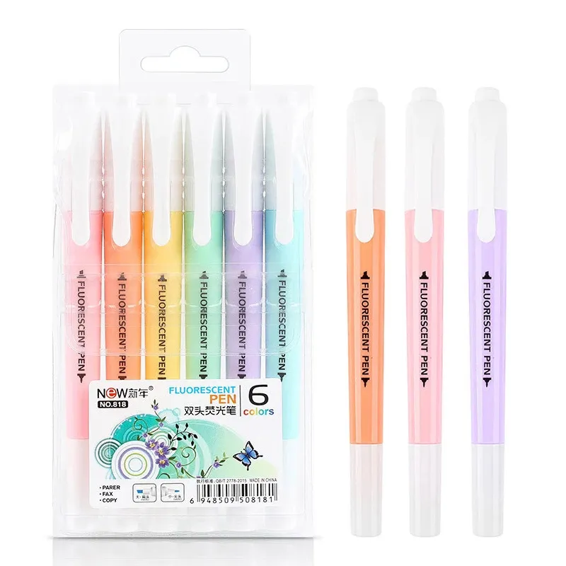 6 ألوان erasable highlighters الباستيل علامات المزدوج تلميح الفلورسنت القلم للفن الرسم دودلينج بمناسبة القرطاسية مكتب المدرسة